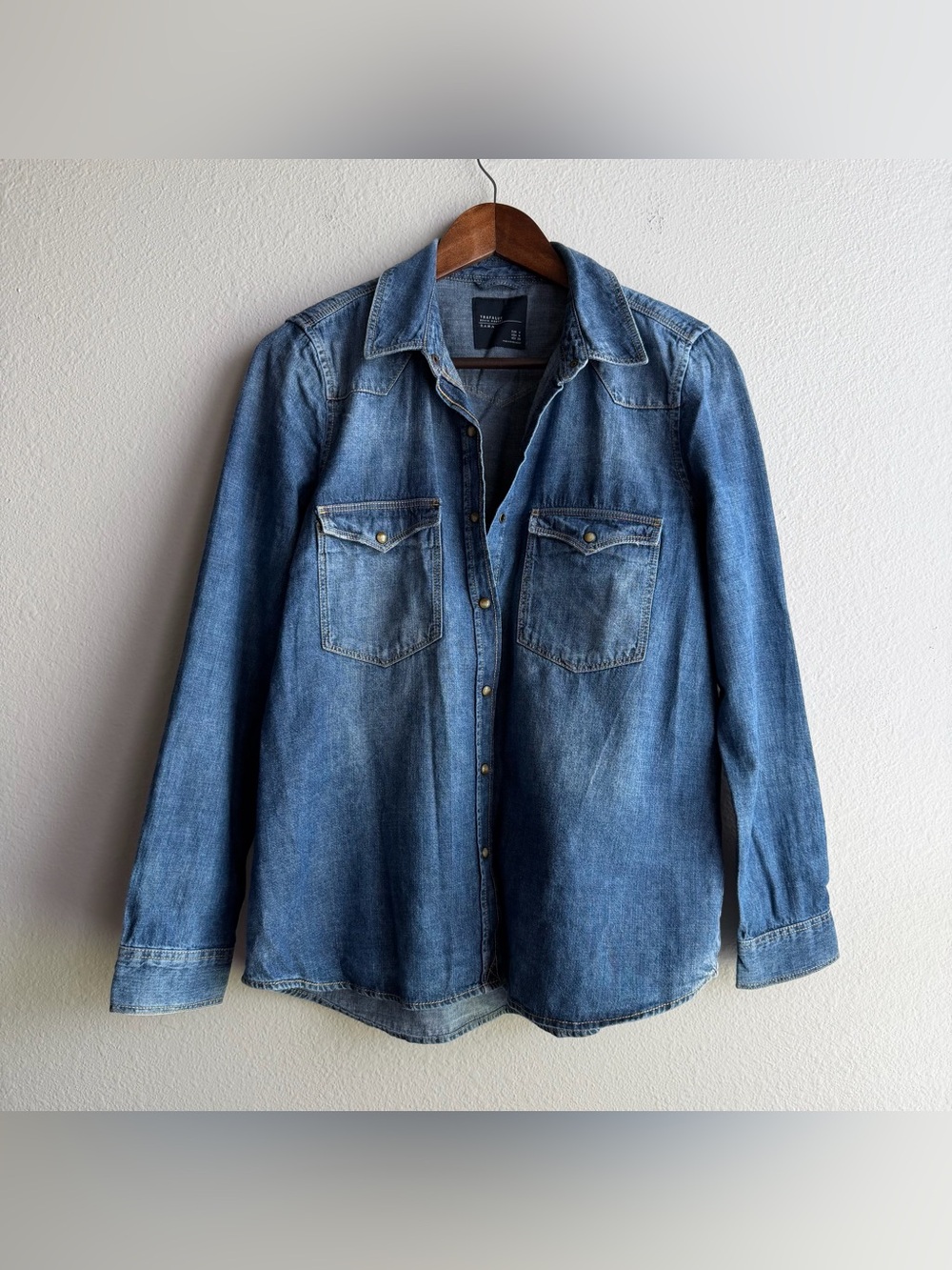 Zara Trafaluc Denim Western Shirt Blue Button Down Pearl Snap Women’s Medium C